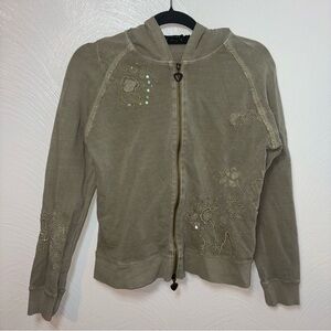 Vintage Vertigo Paris Y2K Sweatshirt Hoodie Embroidered Washed Army Green Size L